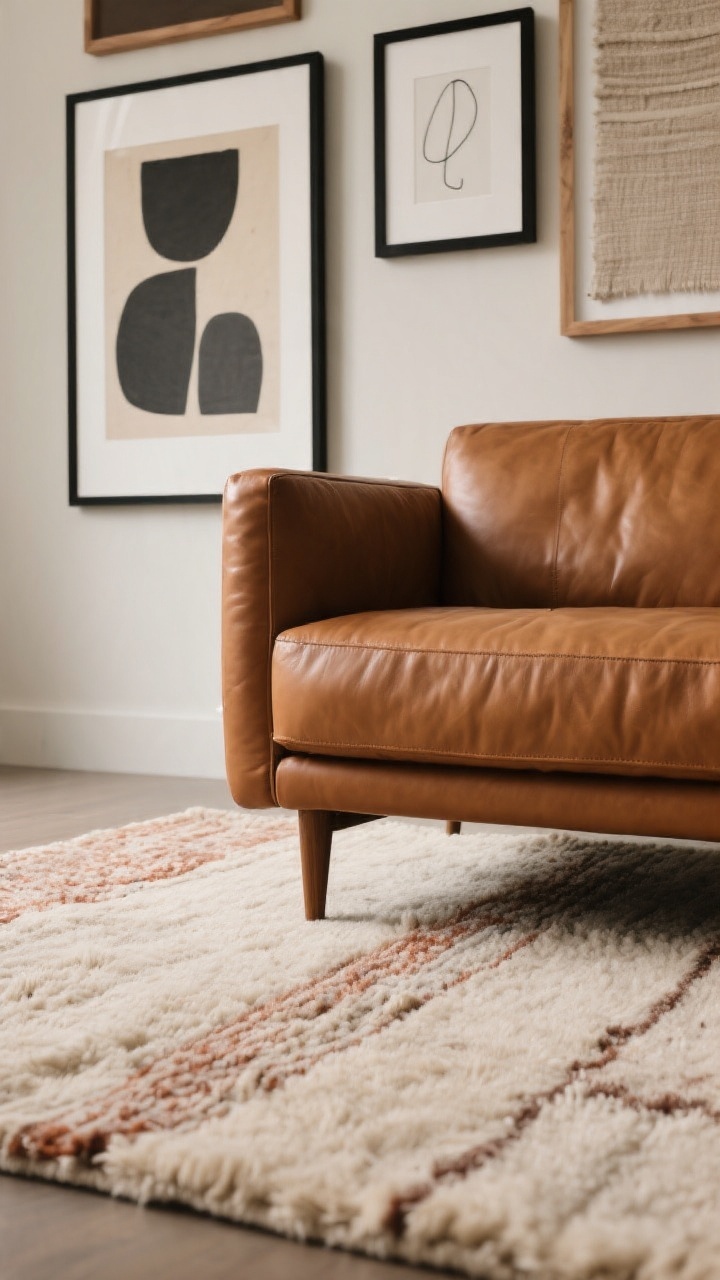 Overhead detail shot of art-and-rug harmony: front legs of the cognac leather sofa resting on a wool rug with a bone/ivory base and faint rust/taupe threading; nearby wall art includes a collected mix—a restrained abstract in charcoal and sand, a minimalist line drawing, and a neutral textile piece—framed in black, natural wood, and white, with each frame tone repeated; soft indirect light enhancing warm tones; photorealistic.