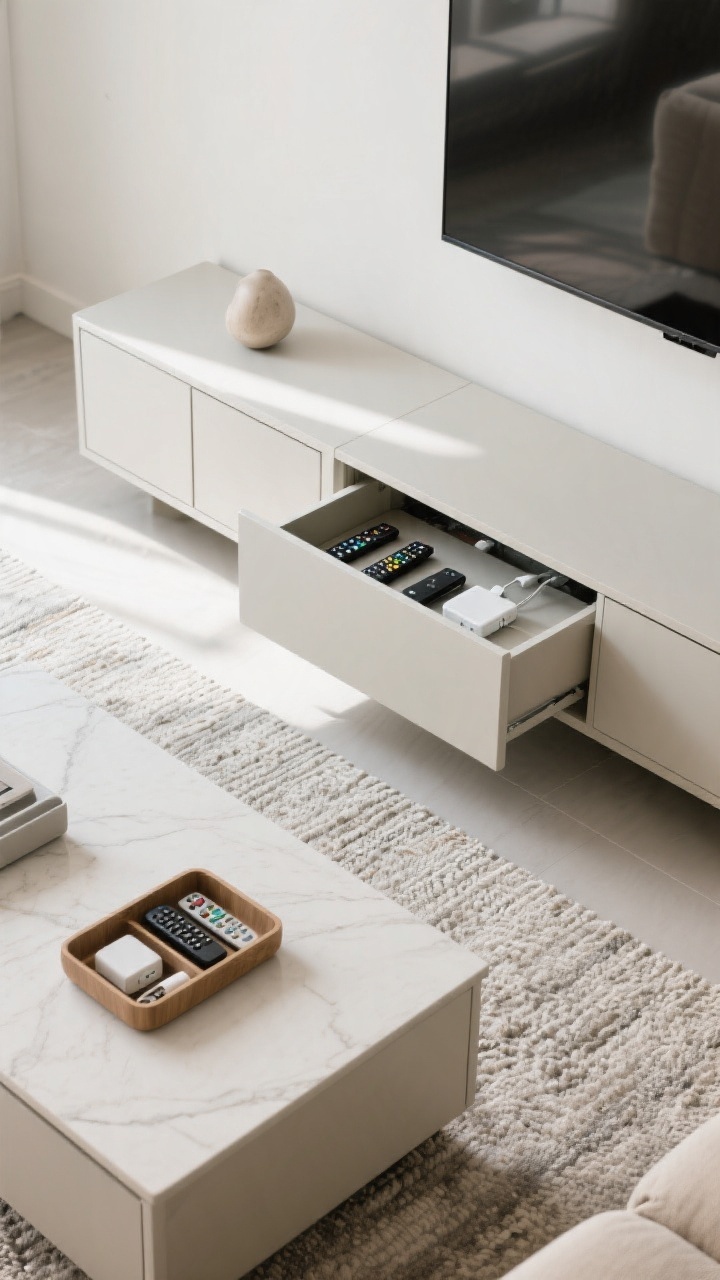 Overhead detail shot of clutter-free minimalist storage: a hidden-storage coffee table opened slightly to reveal neatly organized items, with remotes and chargers corralled in a tray inside a closed-door media console nearby; surfaces clean with a single intentional decor moment on the console; the oversized neutral sofa edge and rug texture framing the scene; bright, serene lighting conveying order and calm.