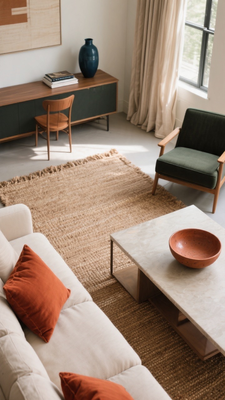 Overhead detail shot of cohesive color repetition and scale: a jute or mid-tone wool rug as the medium-scale color field, a light-neutral sofa as the dominant neutral, and accents repeated across zones—rust-colored throw pillows on the sofa echoing rust seat cushions at the nearby dining table, plus a ceramic rust-toned bowl on a console; lighter drapes temper a dark accent chair, or a mid-tone rug bridges a dark sofa/light walls contrast; include a second accent color (deep olive or navy) in a small vase or book spine; crisp daylight, clean shadows; photorealistic.