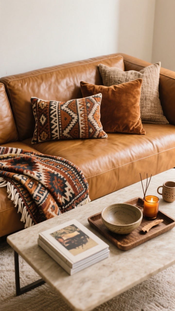 Overhead detail shot of the sofa styling: on the cognac tan leather couch, two 22-inch pillows in complementary patterns and textures plus one 20-inch solid velvet or linen pillow in a rich earthy tone; a bold long lumbar pillow in ikat, kilim, or embroidered textile; a throw casually draped over the arm; on the coffee table, a tray corralling a couple of art books, a ceramic bowl, and a warm amber candle; incense or palo santo nearby; small personal artifact like a handmade mug; intentional negative space visible; warm ambient light, photorealistic, no people