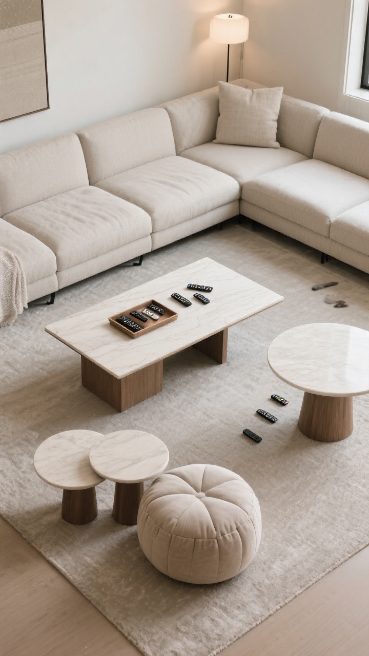 Overhead shot: A properly scaled rectangular coffee table measuring roughly two-thirds the length of an L-shaped sectional, table height within 1–2 inches of seat height; styled with a couple nesting tables and poufs nearby for flexible surfaces; round secondary table off to the side to keep walkways smooth; clean lines, scattered remotes corralled on a tray; balanced, functional layout under even ambient lighting.