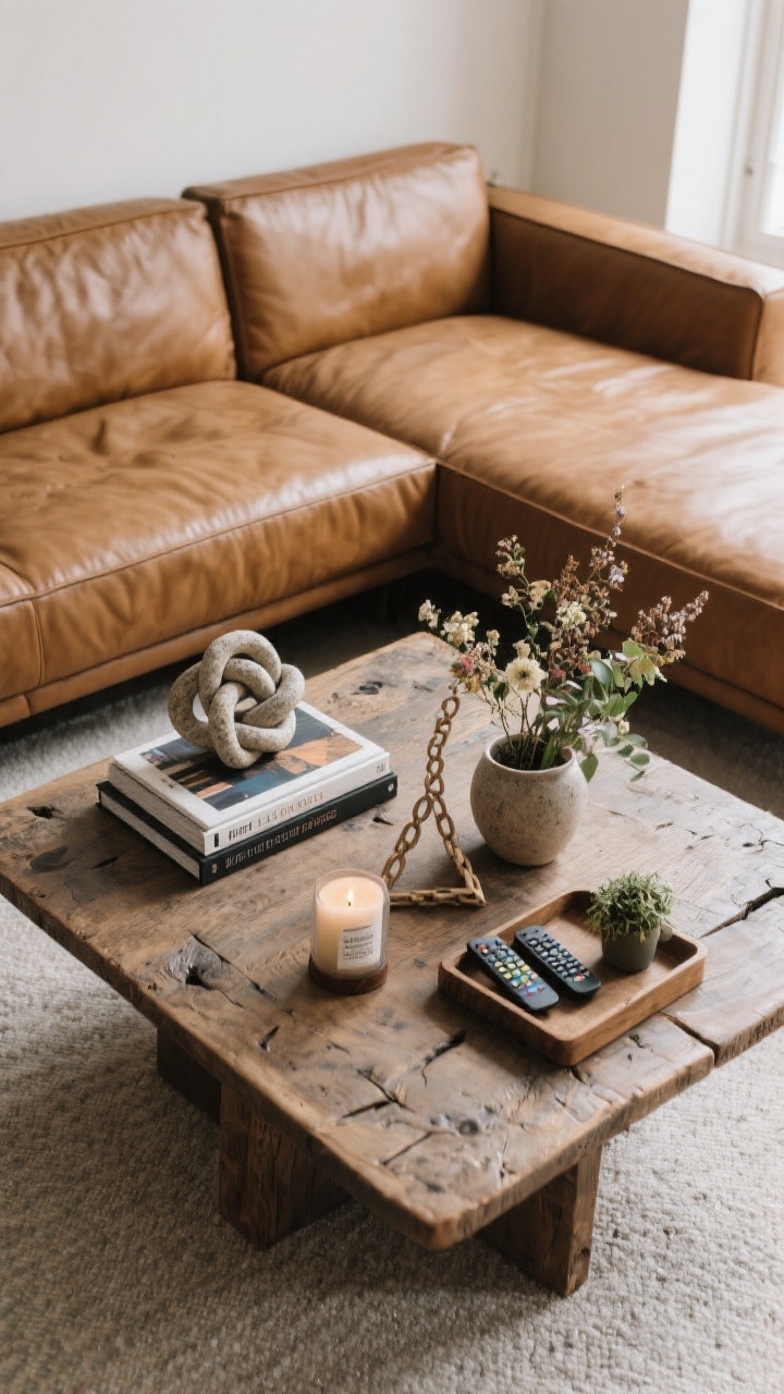 Overhead view of a rectangular rough wood coffee table styled by the camel leather couch: two-to-three art books stacked, a sculptural ceramic knot or stone chain, a low organic floral arrangement or small plant, and a catchall tray corralling remotes and a candle. Triangle zoning for a round table vibe or two balanced zones for rectangular; candle unlit but present, subtle woody label visible; natural light from the side, crisp and tidy.