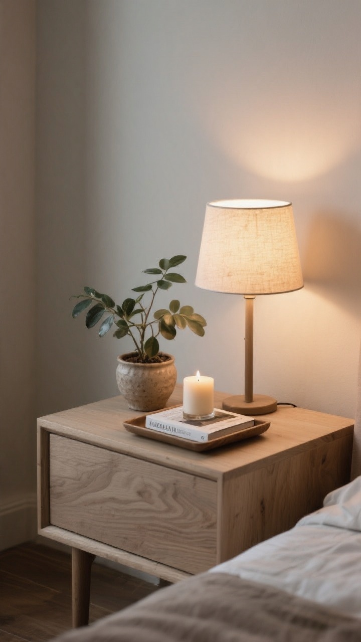 Photorealistic closeup detail of a styled nightstand following the 3-item rule: a small table lamp providing height and warm illumination, a petite leafy plant in a ceramic pot for life, and a low tray corralling a candle and a current-read paperback; clean, uncluttered surface with soft evening light; neutral wood nightstand, simple wall backdrop; camera slightly above eye level focusing on textures of ceramic, paper, and foliage.