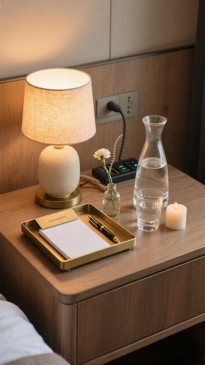 Photorealistic closeup detail of a thoughtfully dressed nightstand styled like a mini concierge: a small matte brass catch-all tray corralling a pen and notepad, a dimmable ceramic lamp with a warm 2700K bulb casting a soft glow, a glass water carafe with matching tumbler, a multi-port charger with discreet braided cable, a tiny bud vase with a single stem, and a small candle; clean surface in warm wood; straight-on angle with shallow depth of field emphasizing tidy, hotel-like organization.