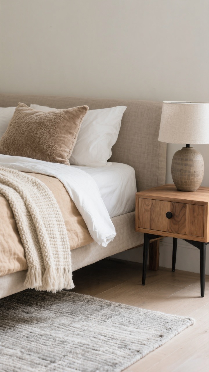 Photorealistic closeup detail of calming texture layers: a bed corner showcasing a flax linen duvet in warm beige, crisp white cotton sheets peeking out, a boucle or velvet pillow in muted taupe, and a nubby throw in cream draped casually; beside it, a wood side table with matte black hardware accents and a ceramic lamp base; a low-pile rug in soft gray grounding the scene; patterns kept subtle—tone-on-tone weave and micro-checks; soft diffuse daylight to highlight fabric weaves and tactile contrast.