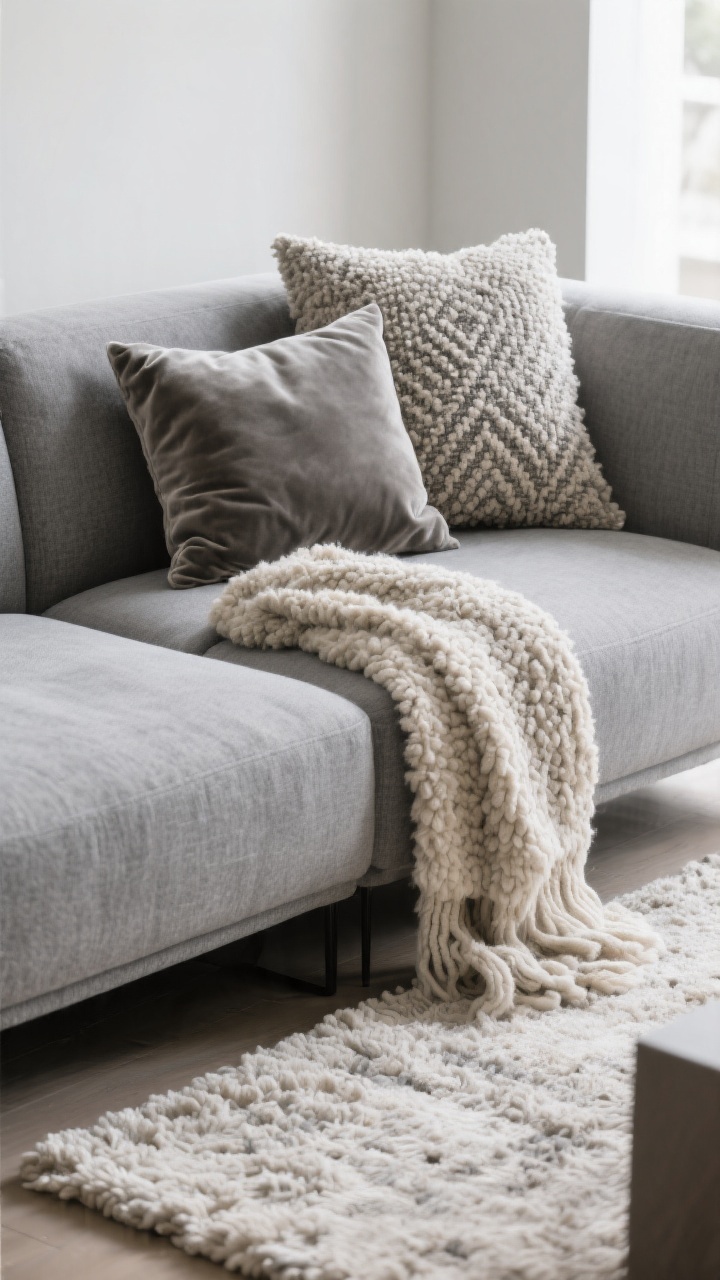 Photorealistic closeup detail shot: a modern grey sectional sofa styled with layered textures—two bouclé square pillows, one velvet lumbar pillow, and a patterned knit pillow; a chunky wool or faux fur throw casually draped over the chaise (no perfect folds); placed on a high-pile looped rug that softens the edges. Neutral palette of greys and creams with subtle texture contrast, soft natural daylight from the side, shallow depth of field emphasizing the nubby knits, velvet sheen, bouclé loops, and rug pile. No people.