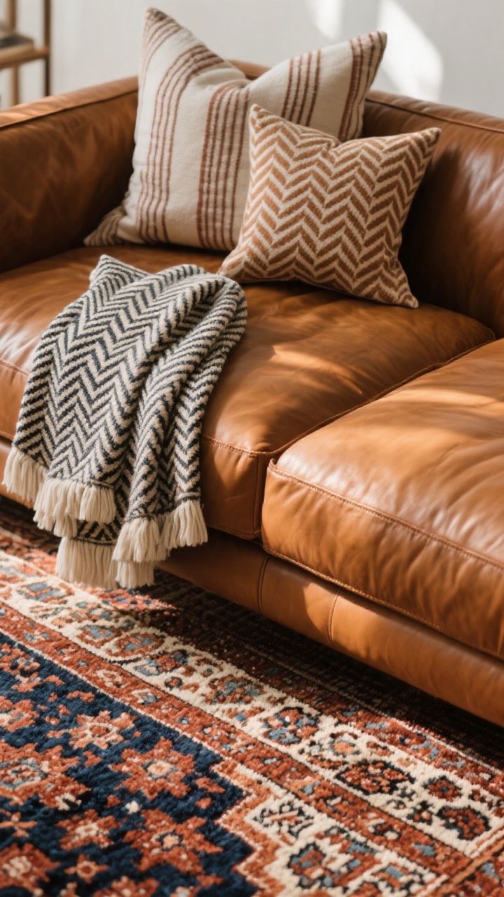 Photorealistic closeup/detail shot focused on pattern play near the cognac leather sofa: capture the edge of a vintage-style Persian rug featuring rust, navy, and cream; layer in supporting small-scale prints with a thin stripe pillow, a tiny herringbone throw, and a subtle geometric lumbar pillow on the sofa. Keep all patterns within a shared warm undertone color family so the scene feels intentional. Natural light rakes across the textiles to show weave and print clarity; the sofa remains partially visible, no people.
