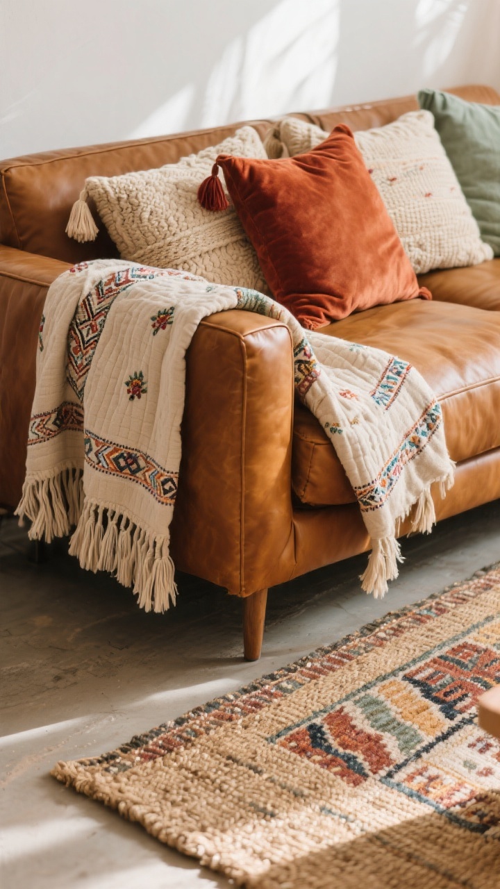 Photorealistic closeup detail shot of a cognac tan leather couch arm draped with a fringed Moroccan throw and a lightweight kantha quilt, layered throw pillows in chunky knits, embroidered cotton with tassels, velvet in rust, clay, oatmeal, and soft sage; foreground shows a flatweave kilim rug layered over a larger jute/sisal rug under the sofa, soft natural afternoon light emphasizing tactile textures, cozy lived-in boho vibe, shallow depth of field, no people