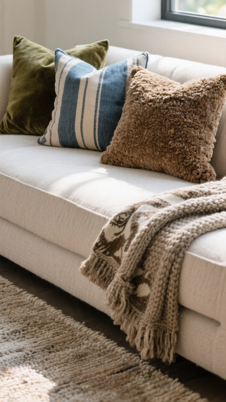 Photorealistic closeup of layered cozy textures on a deep sectional: three throw pillow textures (linen, velvet, boucle) in a tight palette of two to three hero colors (e.g., olive, denim blue, and warm taupe) with a stripe pattern and an organic print; a chunky knit throw blanket draped over the chaise corner; edge of a soft, low-pile washable area rug peeking below; natural window light raking across to highlight weave and pile; tight, detail-focused composition