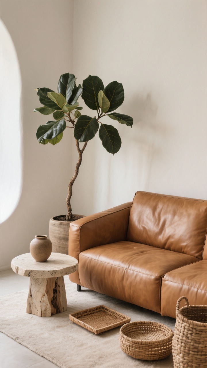 Photorealistic corner-angle medium shot bringing in organic shapes and natural elements around a cognac leather sofa. Include a rounded travertine or live-edge wood side table, a single oversized plant (fiddle leaf fig, olive tree, or snake plant) providing sculptural height beside the sofa, and accessories like a rattan tray, woven basket, and a subtly handmade ceramic vase. Use soft daylight to emphasize natural textures and curved forms, softening the sofa’s straight lines; calm, collected atmosphere; no people.