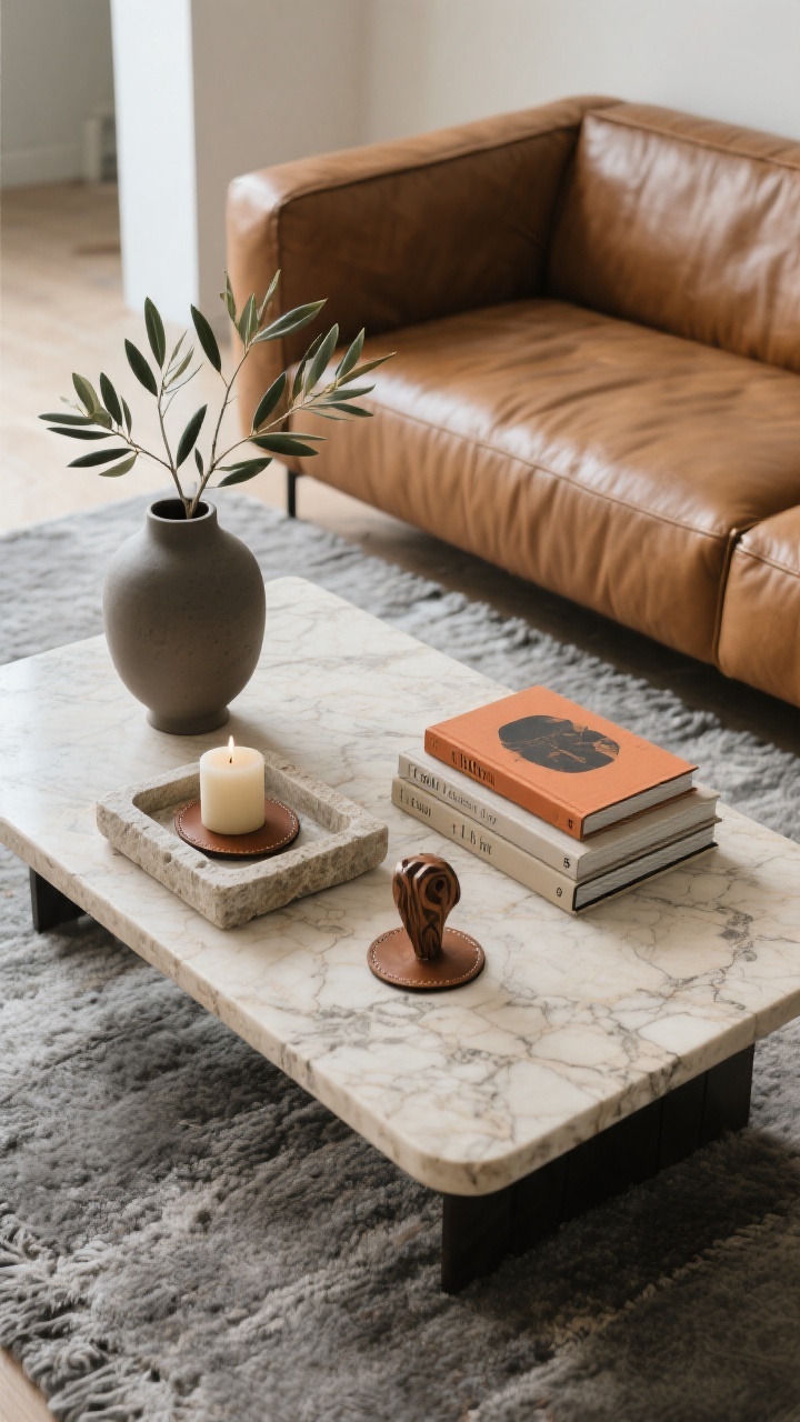 Photorealistic detail overhead shot (flat lay angle) of a travertine or stone-top rectangular coffee table styled with the “1 Tall, 1 Low, 1 Flat” formula in front of a cognac leather sofa edge. Tall: a sculptural matte ceramic vase with olive branches. Low: a stone tray corralling a candle, leather coasters, and a small carved wood object to echo the sofa’s richness. Flat: a neat stack of neutral-spined design books with one bold-cover book on top. Negative space intentionally left on one side of the table. Soft daylight highlights stone veining, book textures, and the grain of adjacent wool rug in gray.