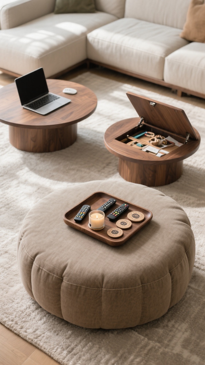 Photorealistic detail/overhead shot of a family-proof coffee table setup: an oversized upholstered ottoman in a medium-tone fabric with a large wooden tray corralling remotes, coasters, and a candle; nearby a round lift-top coffee table half-raised to reveal laptop/craft use; rounded edges emphasized to avoid bumps; the deep sectional edges visible at frame; soft ambient daylight with gentle shadowing, overhead perspective