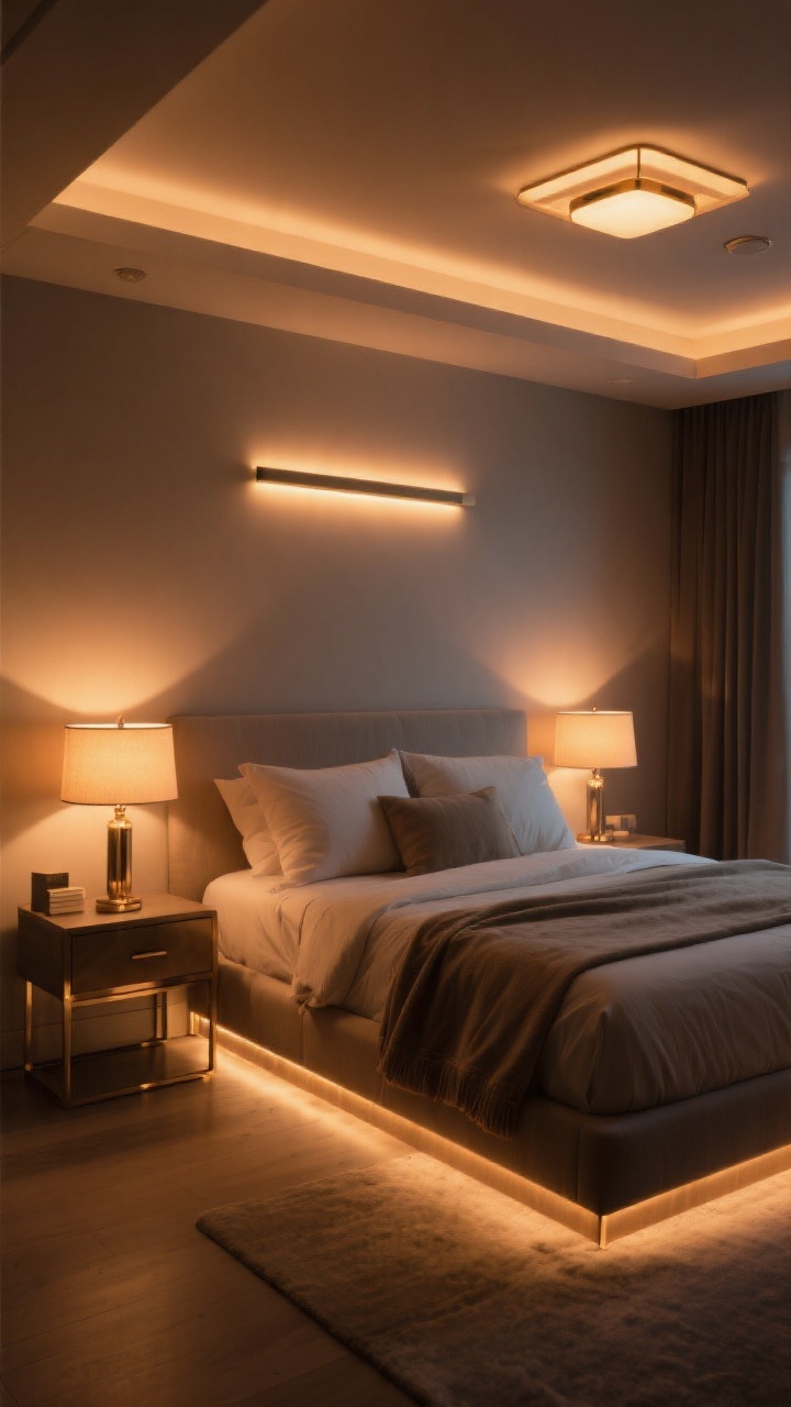 Photorealistic evening medium shot showcasing layered bedroom lighting: warm 2700K–3000K glow throughout; a pair of bedside lamps with warm bulbs casting a soft halo, an overhead fixture on a dimmer set low for ambiance, and subtle LED strip lighting under the bed creating low-profile drama; mixed metals intentionally limited to two finishes for a cohesive designer look; textiles read softly in the warm light, corner angle framing the bed and nightstands.
