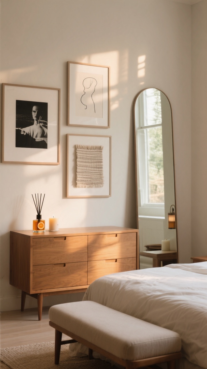 Photorealistic medium shot adding personality with art, mirrors, and scent: a cohesive art arrangement above a dresser mixing a black-and-white photograph, a minimalist line drawing, and a small textile piece, all in matching thin frames; a tall floor mirror positioned to bounce natural light and expand the space; a candle and reed diffuser on the dresser suggesting a signature scent in warm amber-citrus notes; a simple upholstered bench at the end of the bed; warm late-afternoon light, calm, personalized mood.