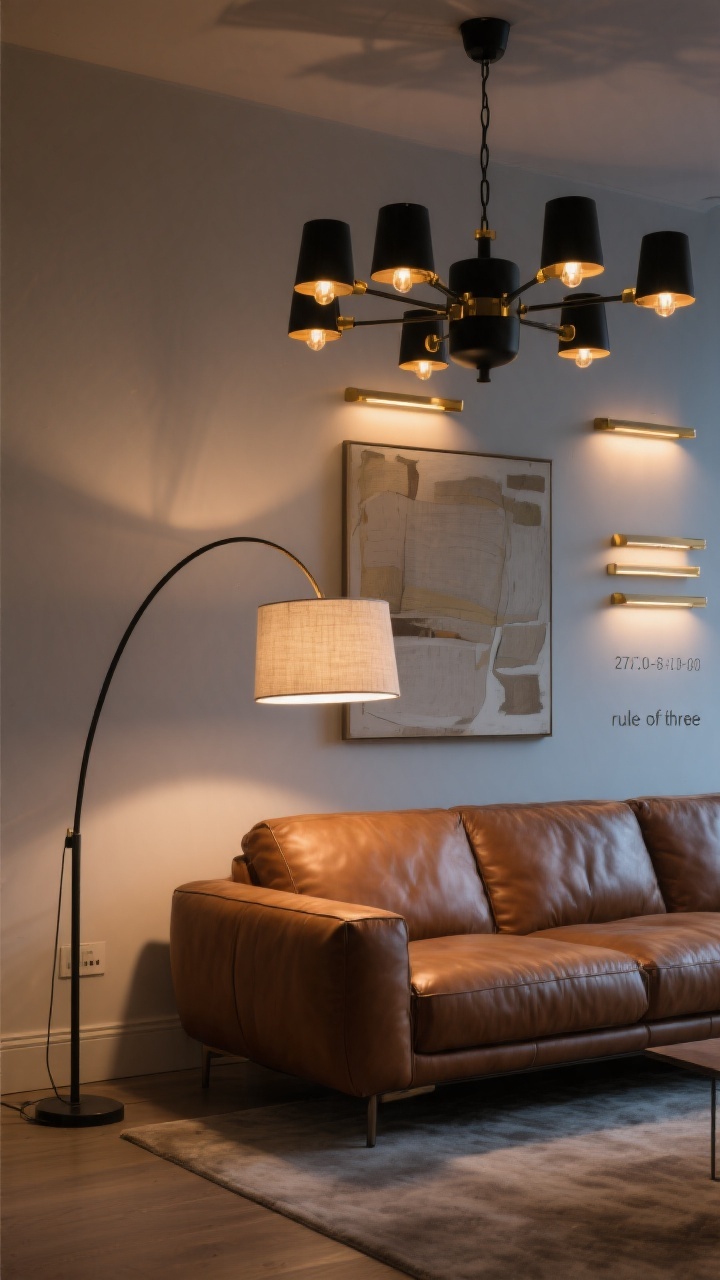Photorealistic medium shot focusing on sculptural lighting paired with the cognac leather sofa: an oversized arc floor lamp with a linen drum shade framing the sofa; above, a statement multi-arm chandelier in matte black (subtle brass connectors) with warm LED bulbs; picture lights in brass over a neutral abstract artwork on the wall. Evening scene with layered “rule of three” lighting visible—ambient from the chandelier, task from the floor lamp aimed toward the sofa’s reading spot, accent from picture lights washing artwork—casting warm, 2700–3000K glow that enriches the leather’s tone and creates a modern, edited atmosphere.