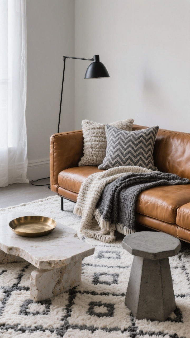 Photorealistic medium shot from a corner angle: a cognac leather sofa as the anchor, styled with layered textures. Plush low-pile wool rug in ivory with a subtle Moroccan-inspired geometric texture underfoot; throws and pillows mixing chunky knits, linen, and bouclé with one herringbone pattern pillow in gray. Sleek travertine slab coffee table and a side table in poured concrete balance the leather. Metal accents limited to blackened steel floor lamp and a brushed brass tray on the table (two metals max). Palette cooled with gray, charcoal, and soft black details. Soft natural daylight from the left, slightly overcast, emphasizing texture contrast and a cozy, high-end feel.