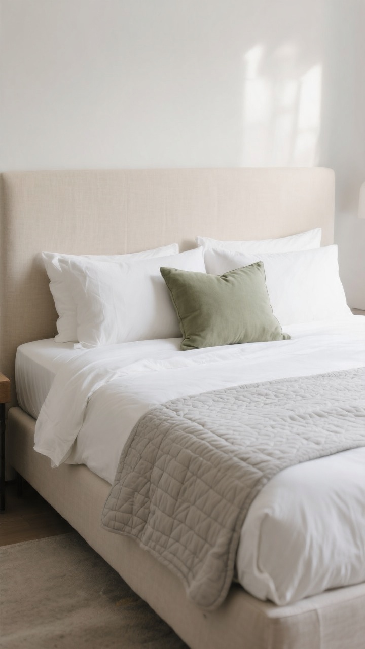 Photorealistic medium shot of a boutique-style bed as the anchor piece: a simple upholstered headboard in soft oatmeal linen, crisp white cotton percale sheets tucked hotel-tight, two standard sleeping pillows plus two oversized Euro shams in neutral tones, a single accent pillow in muted sage, a lofty white duvet, and a neatly folded textured quilt/coverlet in light gray at the foot; supportive mattress topper implied by plushness; calm, natural morning light; minimal decor, focus on cloud-like layers and texture contrast between linen, cotton, and quilted stitching.