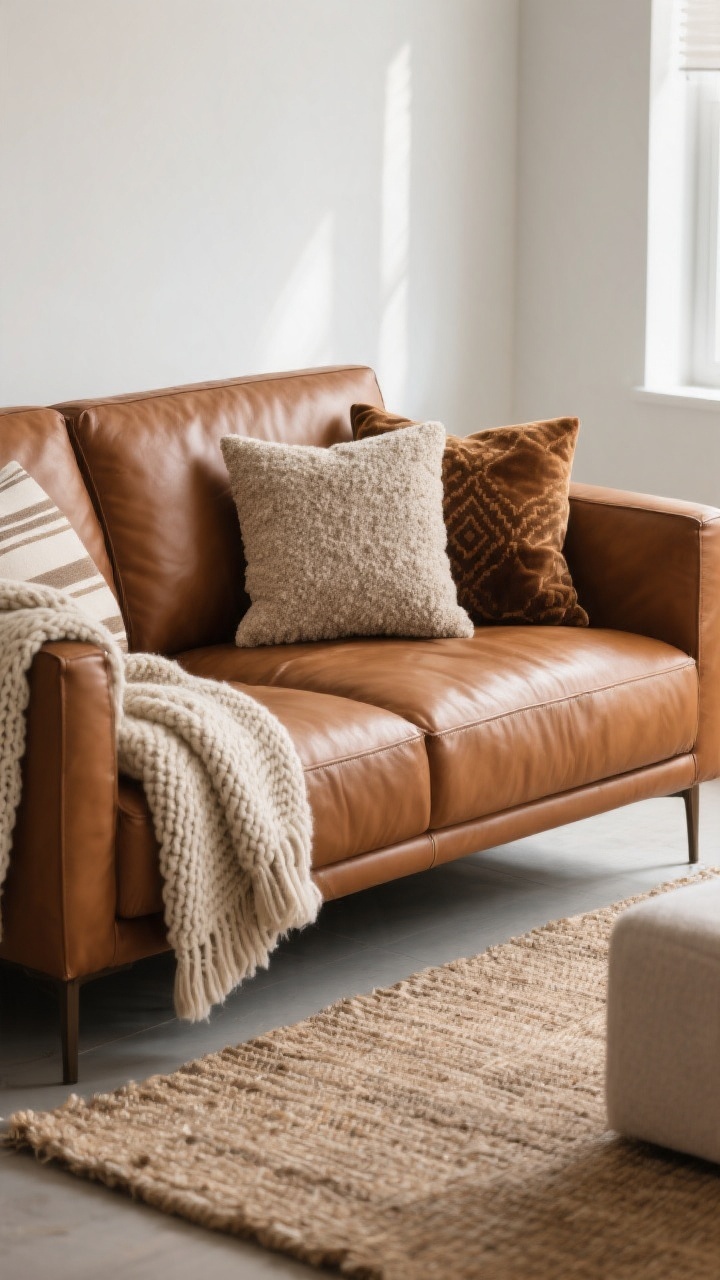Photorealistic medium shot of a brown cognac leather sofa styled with layered textures: a chunky knit blanket casually draped over the arm, a lighter linen throw folded along the back, and a trio of throw pillows—one linen stripe, one nubby bouclé square, and one patterned velvet—for depth. Include a wool or jute rug beneath the sofa to balance warmth and structure. Keep the palette tight with two to three tones that complement the cognac leather. Soft natural daylight from a side window highlights the contrasting textures; no people, clean modern living room setting.