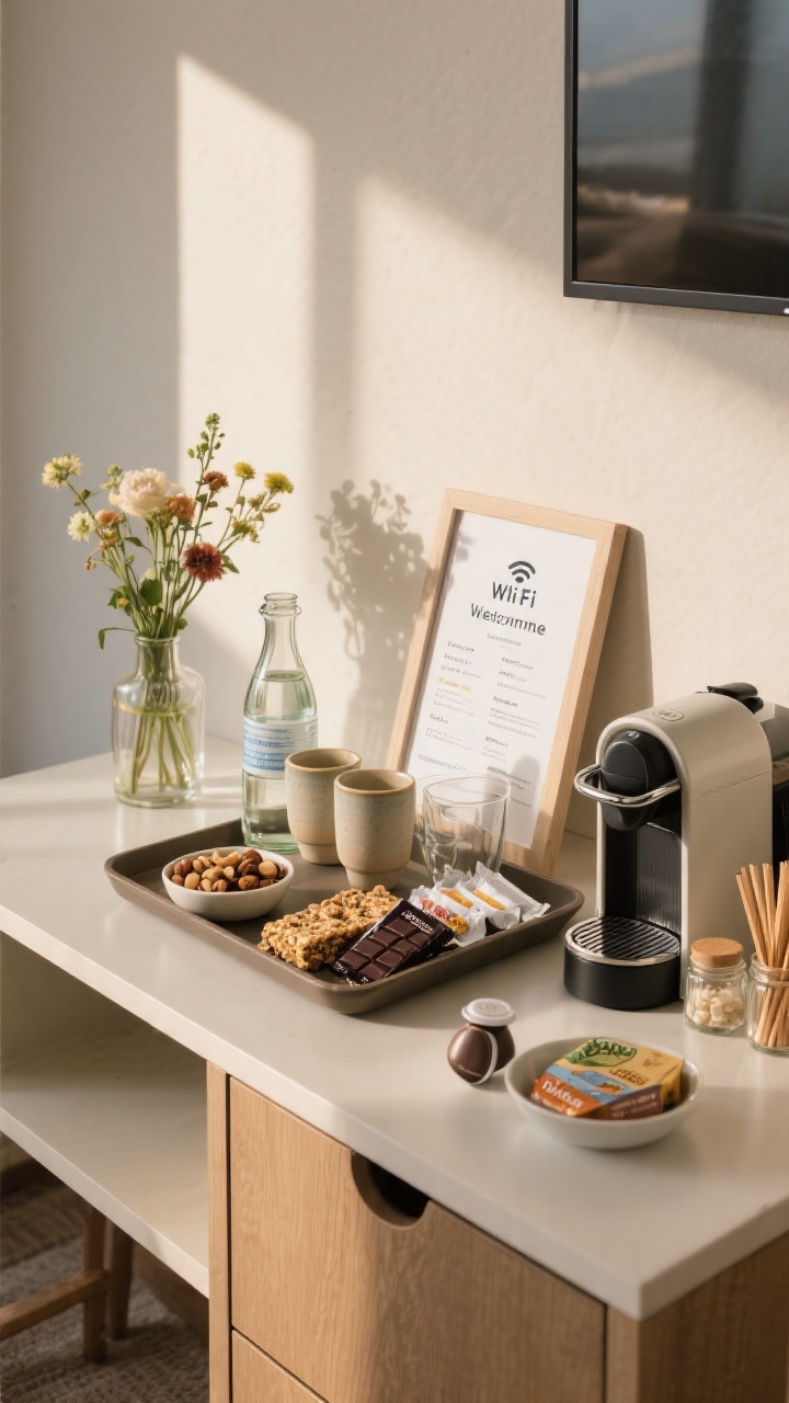 Photorealistic medium shot of a curated welcome station on a low dresser: a neat tray holding bottled water and a small glass carafe, two ceramic mugs and clear glasses, an assortment of snacks (mixed nuts in a small bowl, granola bars, wrapped dark chocolate, and a local treat), a compact electric kettle beside a pod coffee machine, sugar packets, creamer pods, and wooden stir sticks in small jars; a printed info card with Wi‑Fi details and local recommendations propped in a simple frame; a small fresh bouquet in a bud vase; warm daylight with soft shadows.