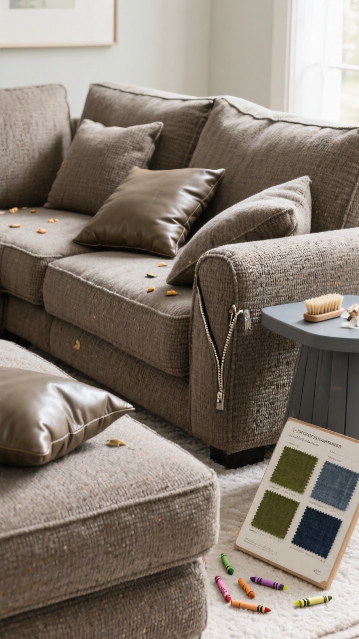 Photorealistic medium shot of a deep, comfy sectional upholstered in kid-proof performance fabric (Crypton/Sunbrella look) in a medium taupe tone, with subtle woven texture that hides crumbs; removable, washable cushion covers slightly unzipped at a corner to imply practicality; a few stray crayons and a pet brush on a nearby slate-colored side table; include a swatch board on the ottoman showing olive, denim, and slate fabric samples; add a top-grain semi-aniline leather accent pillow to hint at wipe-clean leather; soft natural daylight, straight-on angle, no people