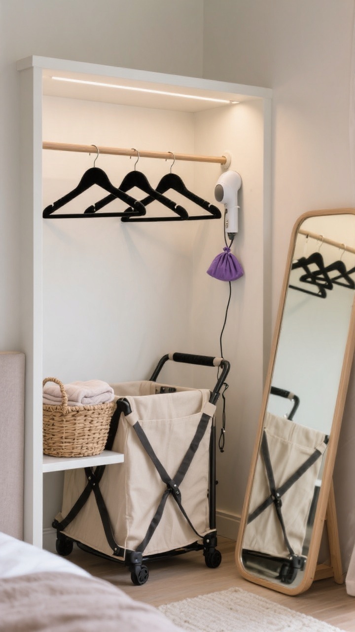Photorealistic medium shot of a mini closet moment in a small guest room corner: an open garment rack with matching velvet hangers in black, a foldable luggage rack with canvas straps beneath, a compact handheld steamer hanging from a hook, a woven basket with extra folded blankets in soft neutrals on a lower shelf, and a full-length mirror leaning nearby for outfit checks; subtle lavender sachet looped on the rod; clean, boutique-organized vibe with gentle ambient light.