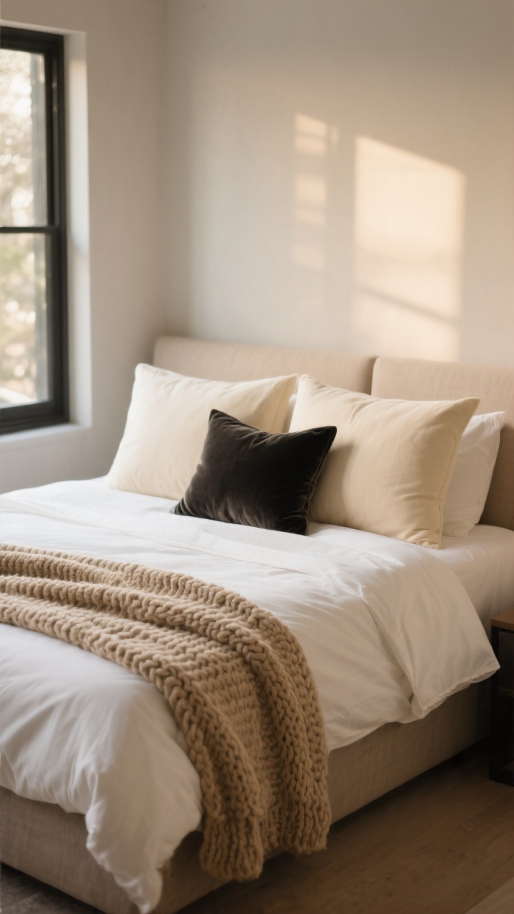Photorealistic medium shot of a neatly made bed as the “main character” in a calm, designer-feel bedroom: crisp white duvet cover on a queen bed, linen sheets peeking at the edges, layered with a chunky knit throw in warm sand at the foot, and two king-size pillows in cream with a charcoal velvet lumbar pillow centered; neutral base palette of warm sand, cream, and charcoal; soft morning window light, minimal decor, focus on texture contrast between linen, knit, and velvet for subtle hotel vibes.