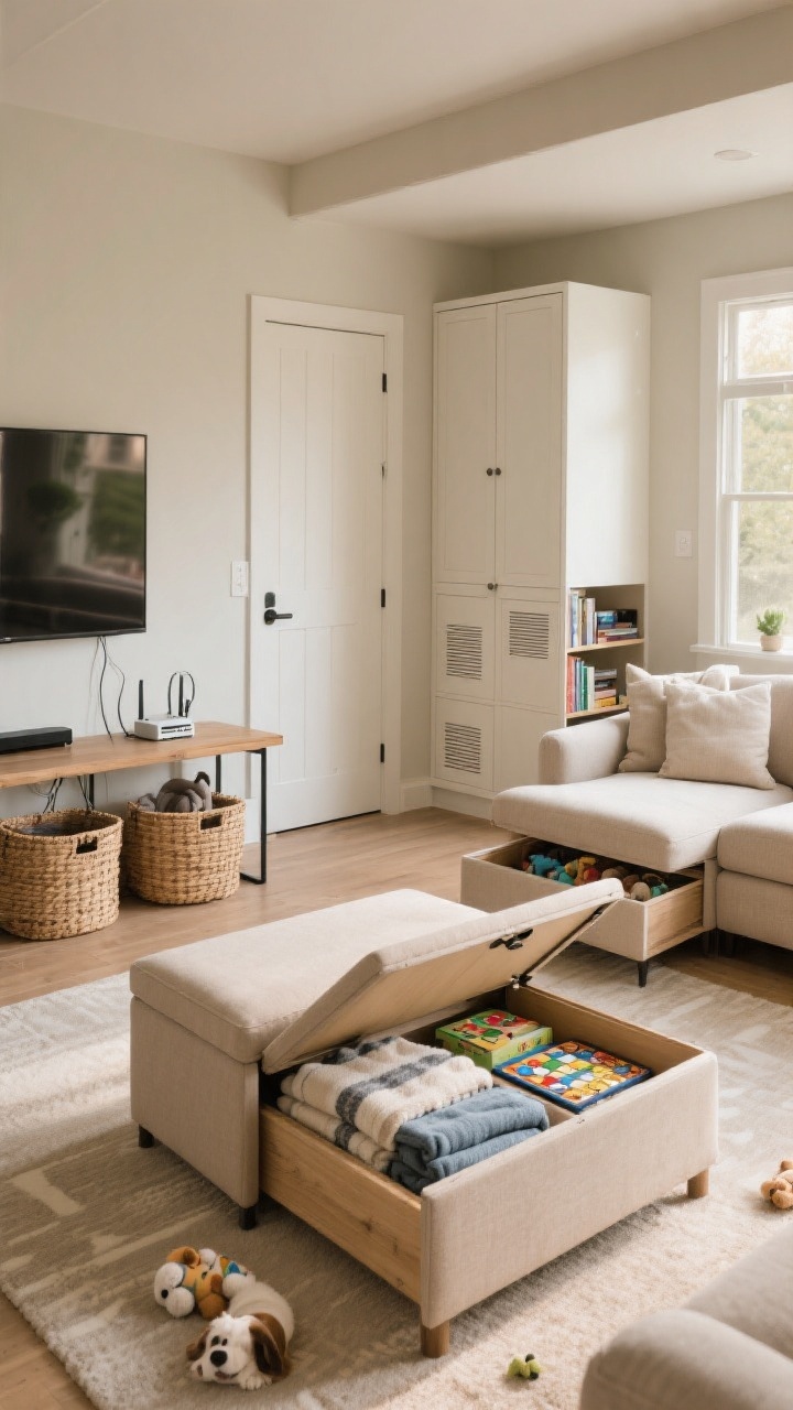 Photorealistic medium shot of stealth storage in a family living room: storage ottoman open to reveal neatly folded blankets and board games; a bench with lift-top near the entry of the room; closed media cabinets concealing routers and cords (small vented doors hinted); woven baskets tucked under a console and beside the sectional holding books and pet toys; sectional chaise with hidden storage open slightly like a secret compartment; warm neutral palette, soft morning light, straight-on view