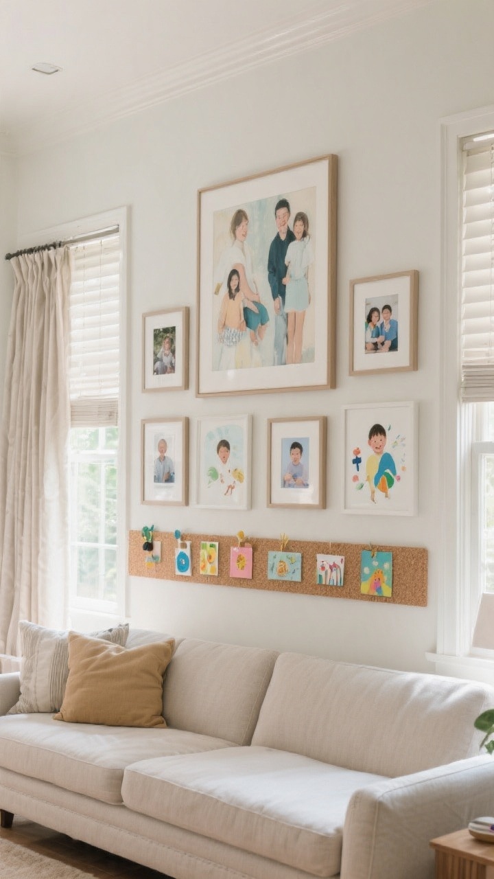 Photorealistic medium shot of walls and windows styled for family life: a clean gallery wall of matching frames mixing family photos with a few framed kid artworks; a single large-scale art piece centered above the sectional for balance; washable eggshell/satin paint finish with a soft sheen catching light; window treatments with lined linen drapes framing solar shades behind them; a kid-height art rail/cork strip displaying a rotating mini-gallery; soft daylight filtering through shades, straight-on composition