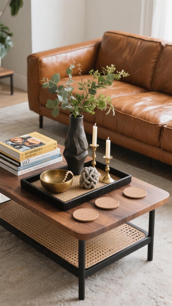 Photorealistic overhead detail shot of a styled coffee table in front of a cognac leather sofa. Use a low tray in wood, rattan, or matte black as the foundation to corral items; add height with a sculptural vase filled with greenery or a candleholder set; layer personality with stacked design/travel/cookbooks and a small object like a stone knot, brass bowl, or ceramic bead strand. Ensure varied heights, a mix of matte and shiny finishes, intentional negative space, and include attractive coasters to protect leather from water rings. Soft, even daylight for clarity; no people.