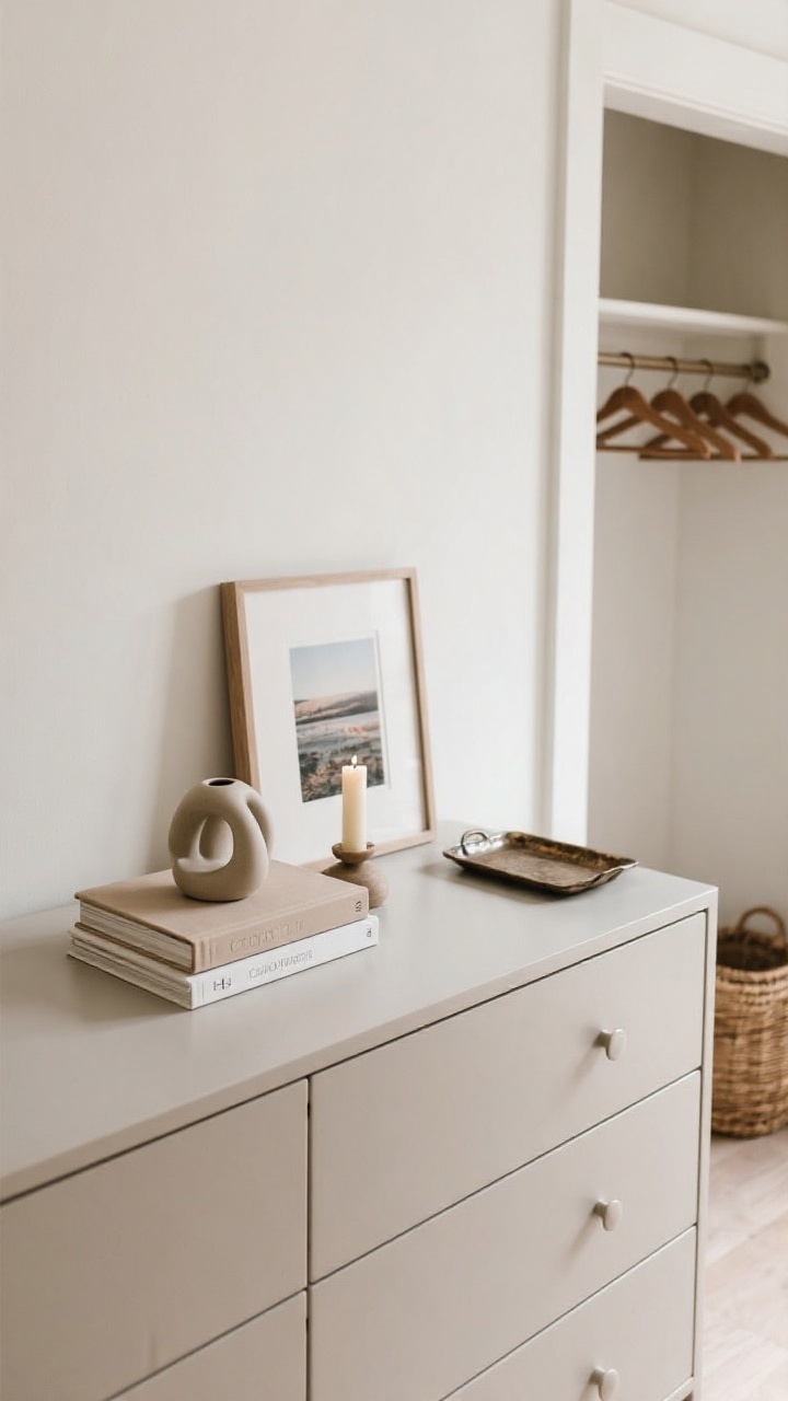 Photorealistic overhead detail shot of edited, intentional styling: a dresser top cleared and then thoughtfully arranged with a short stack of two neutral coffee table books, a small sculptural object in matte ceramic, and a single candle; negative space around objects; a framed travel photo leaning against the wall and a vintage tray off to the side; hint of an adjacent closet with matching hangers and a woven basket visible in soft focus; clean daylight emphasizing calm order.