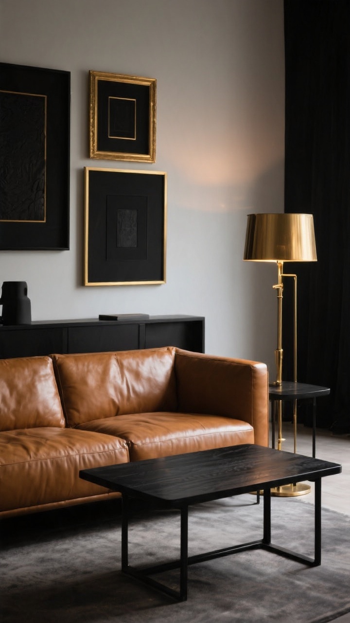 Photorealistic straight-on medium shot showcasing bold contrast: a cognac leather sofa paired with matte black and brass. Feature a black iron or dark-stained wood coffee table with clean lines centered in front, a brass floor lamp adding warm glow at one side, and a curated mix of black frames with one or two brass frames on the wall or console behind. Maintain one main metal (brass) with black as the supporting accent to avoid visual noise. Evening ambient lighting with the brass lamp illuminating the scene; sleek, modern, slightly glam vibe; no people.