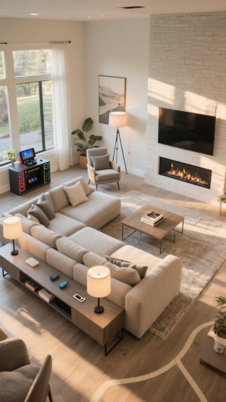Photorealistic wide room shot mapping clear zones: a deep sectional floating away from walls with 30–36 inches of walkway around it; a slim console table behind the sectional with lamps and a phone charger drop spot; a defined reading corner with a floor lamp and chair; a small gaming nook with a compact console and screen; the main hang zone facing a fireplace/TV; visible traffic paths curving smoothly between areas; warm afternoon light, corner angle to show flow
