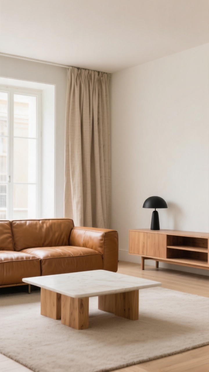 Photorealistic wide room shot, straight-on perspective: a modern living room built around a cognac leather sofa in a strictly monochrome warm-neutral palette of camel, sand, taupe, and ivory. Walls painted creamy off-white with a hint of beige (not yellow); unlined linen curtains in natural flax hang loosely and slightly slouchy. Light-to-mid wood tones throughout: white oak coffee table, ash sideboard, walnut open shelf, all matte finish. One dramatic contrast anchor element: a matte black table lamp on the sideboard. Balanced daylight creates soft, even illumination and quiet-luxury calm; no other bold colors.
