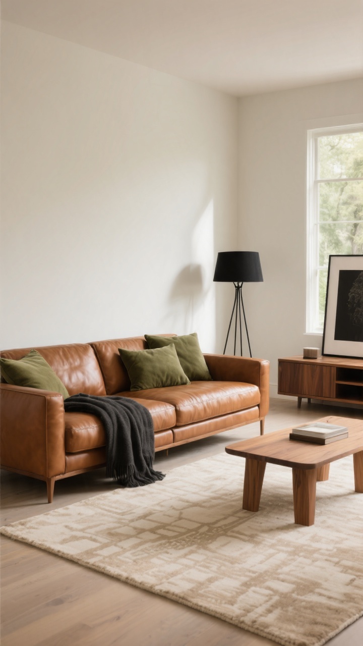 Photorealistic wide room shot with a brown cognac leather sofa set against creamy greige or soft warm white walls. Build an earthy, elevated neutral palette: olive throw pillows on the sofa, a charcoal throw, and a beige rug with a subtle pattern underfoot. Mix medium wood tones (oak and walnut) in a media console and side table for layered warmth, not matchy-matchy. Add one black accent—such as a matte black metal floor lamp or a framed black print—to ground the space. Gentle afternoon light for a serene, nature-inspired mood; no people.