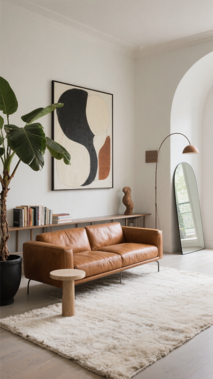 Photorealistic wide shot from a slight corner angle emphasizing balance with art, plants, and architectural lines: cognac leather sofa floated on an ivory textured wool rug with all front legs on it; a slim console behind the sofa. Oversized abstract art above in charcoal, cream, and a whisper of rust. A sculptural rubber tree in a matte black planter flanks the seating; open shelving shows grouped books by tone with ample negative space and one quirky object. Pathways are clean; subtle curves introduced via a round side table, an arched floor mirror leaning on a side wall, and a curved lamp shade. Soft natural daylight with gentle contrast for a refined gallery feel.