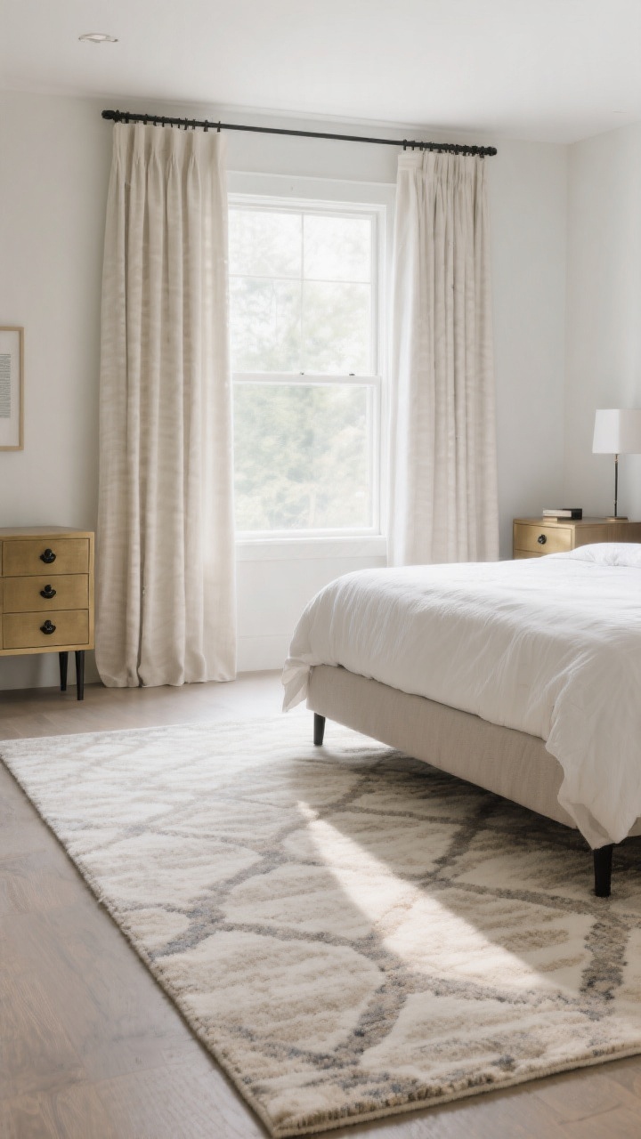 Photorealistic wide shot highlighting refreshed rug, curtains, and hardware: a queen bed anchored by an 8x10 area rug extending generously around it, subtle pattern in neutral tones; floor-length curtains hung high and wide near the ceiling and 6–10 inches beyond the window frame to visually heighten and brighten the room, just kissing the floor; updated drawer pulls and knobs in matte black and brushed brass on a dresser and nightstands; bright natural daylight streaming through the curtains, straight-on view.