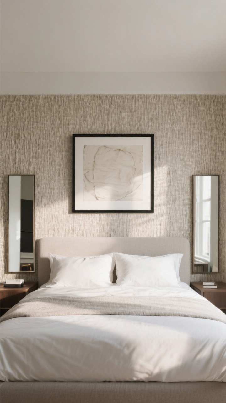 Photorealistic wide shot of a bedroom feature wall behind the headboard created without paint: peel-and-stick grasscloth wallpaper in a neutral, tactile weave as the backdrop; an oversized single art piece centered above the headboard in a thin black frame for instant polish; symmetrical matching frames or slim mirrors flanking the bed for balance; the rest of the room kept simple and quiet to let the focal wall dominate; soft, even daylight with gentle shadows, straight-on perspective.