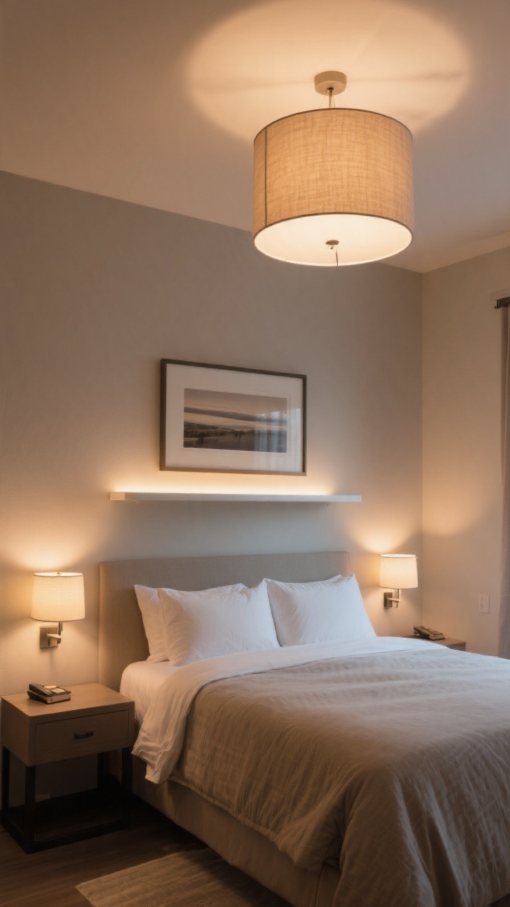 Photorealistic wide shot of a guest bedroom emphasizing layered lighting like a boutique lobby: a fabric drum ceiling light replacing a builder-grade fixture, warm 2700K bedside sconces flanking the bed for task lighting, and an accent picture light above a framed print plus a subtle LED strip under a floating shelf creating a soft halo; all lights on dimmed to a cozy evening level; neutral palette with calm walls; composition from a corner angle capturing all three lighting types working together.