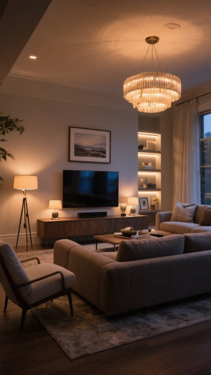 Photorealistic wide shot showcasing layered, dimmable lighting: a semi-flush chandelier overhead on a dimmer casting warm 2700–3000K light; task lighting with a floor lamp by the chaise and table lamps on the console behind the sectional; accent lighting with a picture light over framed art, subtle LED strips in shelving, and backlighting behind the TV to reduce glare; deep sectional centered, evening ambiance with cozy glow, balanced exposure from a corner angle