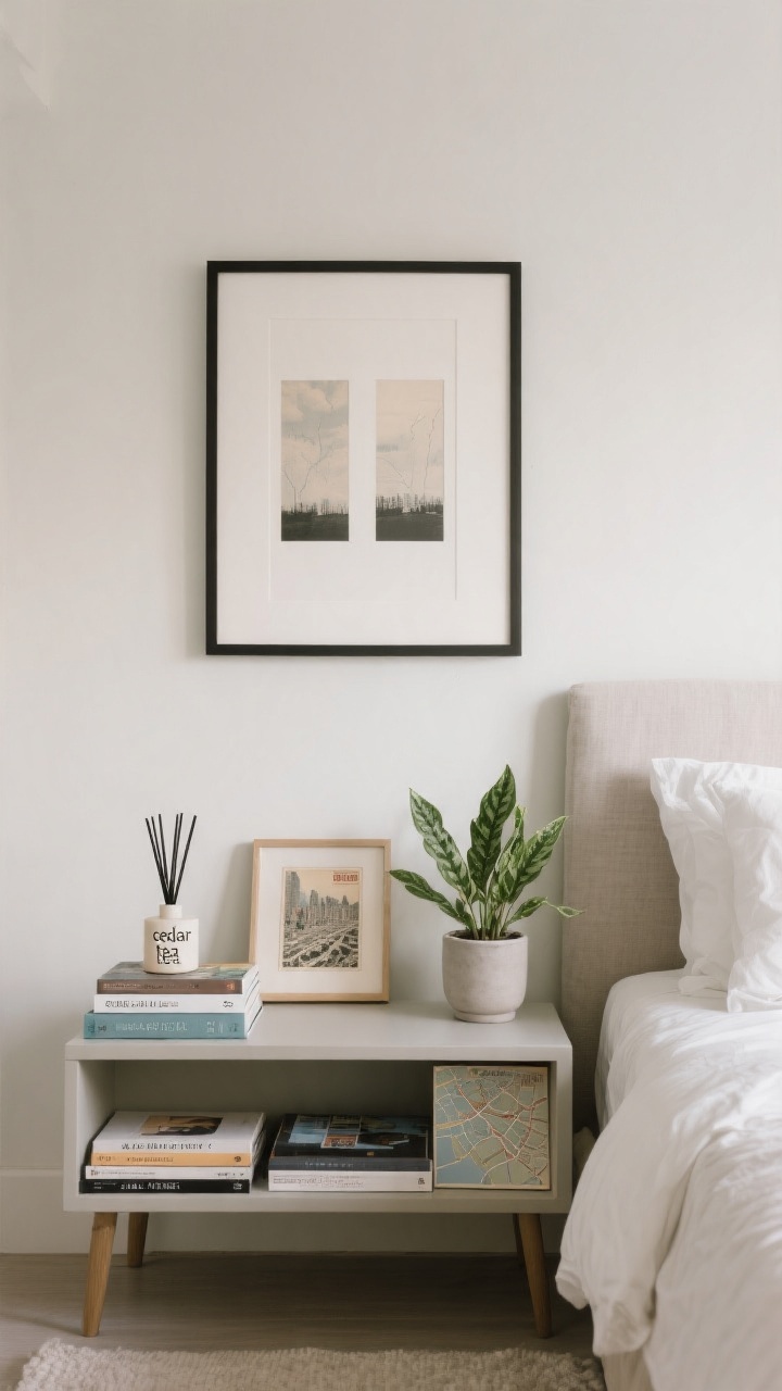 Photorealistic wide, straight-on view of a guest room edited with personality: a large framed art print (or tidy diptych) centered above the bed, a small stack of design and travel books on the nightstand, a subtle reed diffuser labeled “cedar + tea” beside it, a framed vintage postcard and a small city map on a console, and a low-maintenance plant (ZZ plant) in a simple pot; fresh negative space around objects for an uncluttered boutique feel; neutral palette with gentle, even natural light.