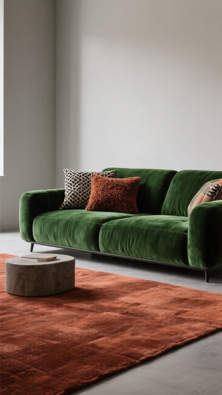 Straight-on medium shot: A big sofa delivering a bold color moment—choose a forest green velvet or rich rust chenille—set against a modern neutral room; monochrome magic with a matching-toned rug for gallery-like cohesion, contrasting patterned cushions adding interest; textures like bouclé or velvety chenille visible, mood set for drama and visual calm under even, soft lighting.
