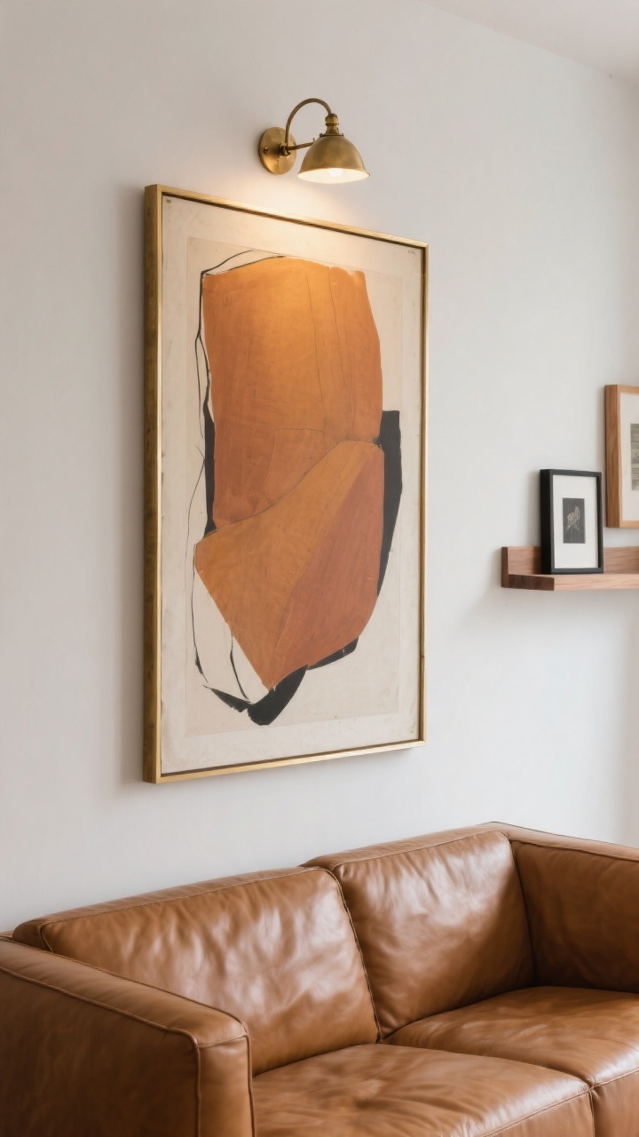 Straight-on medium shot: art display above a cognac tan leather sofa, featuring a single oversized abstract artwork with warm undertones in a thin brushed brass frame, hung so the bottom edge is 8–10 inches above the sofa back. An antique brass picture light mounted above the piece adds a warm focused glow (2700K feel). Alternative small pieces in thin black and natural oak frames sit on an adjacent wall shelf for context. Clean, gallery-like styling; matte textures balance the warm metal.