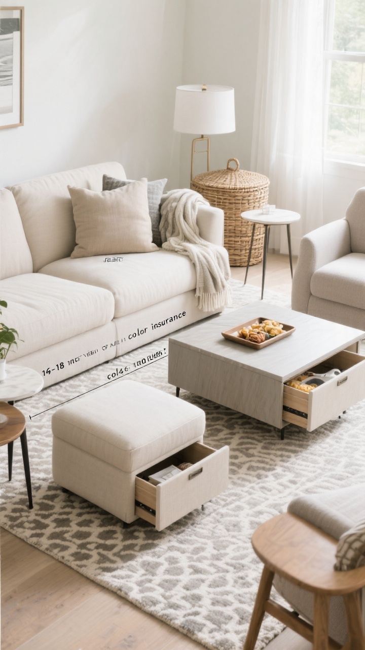 Straight-on medium shot focused on practical spacing and sofa care: clearly show 14–18 inches between the sofa edge and a rectangular coffee table; visible walkways of about 36 inches through the main path; side tables with tops within 2 inches of the sofa arm height; a storage ottoman with a tray holding snacks; nestable tables partially pulled out near an accent chair; a large lidded woven basket beside the sofa corralling throws; under a light sofa, a patterned or mid-tone rug providing “color insurance”; bright, even daylight; photorealistic, no people.