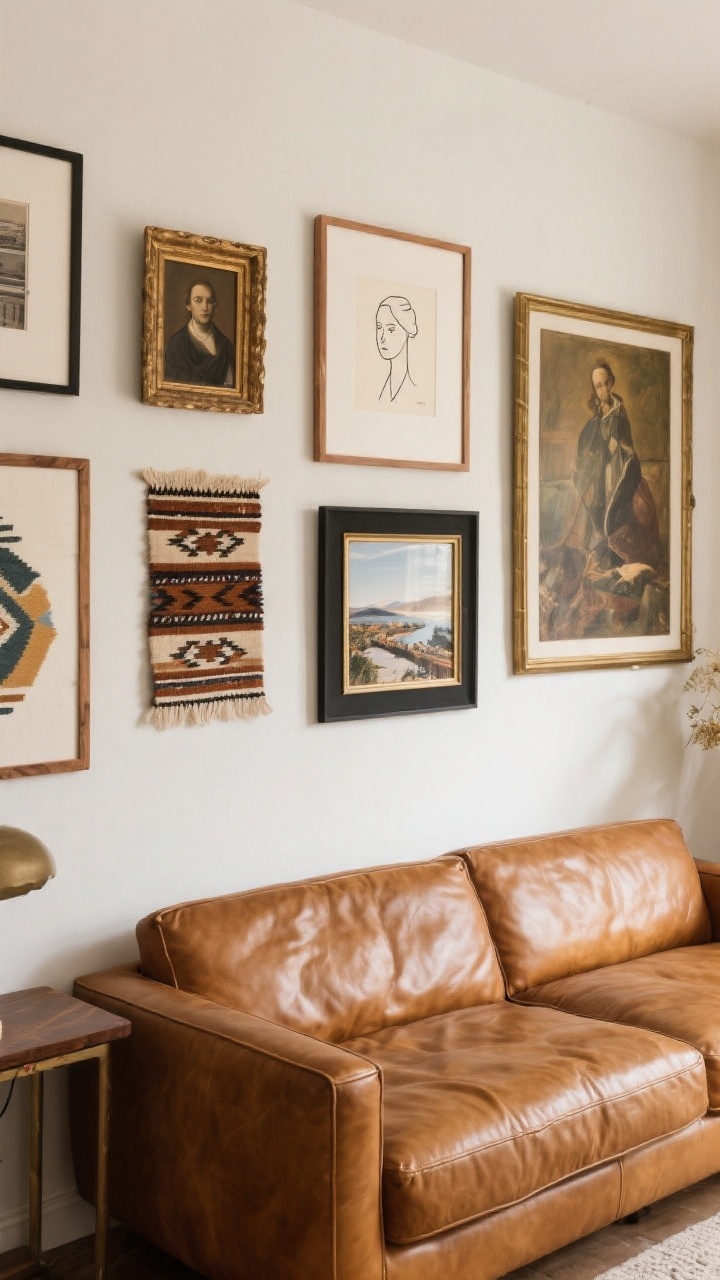 Straight-on medium shot of a collected gallery wall above or near a cognac tan leather sofa: mixed media including a small framed textile (mudcloth or mini rug), a minimalist line drawing, a vintage oil portrait, and a travel-style photograph, plus one quirky piece; frames blended in wood, brass, and black with repeated finishes 2–3 times; layout built from a central anchor piece with consistent 2–3 inch spacing; a larger artwork casually leaned on a console behind the sofa; soft indirect daylight, curated boho personality, no people