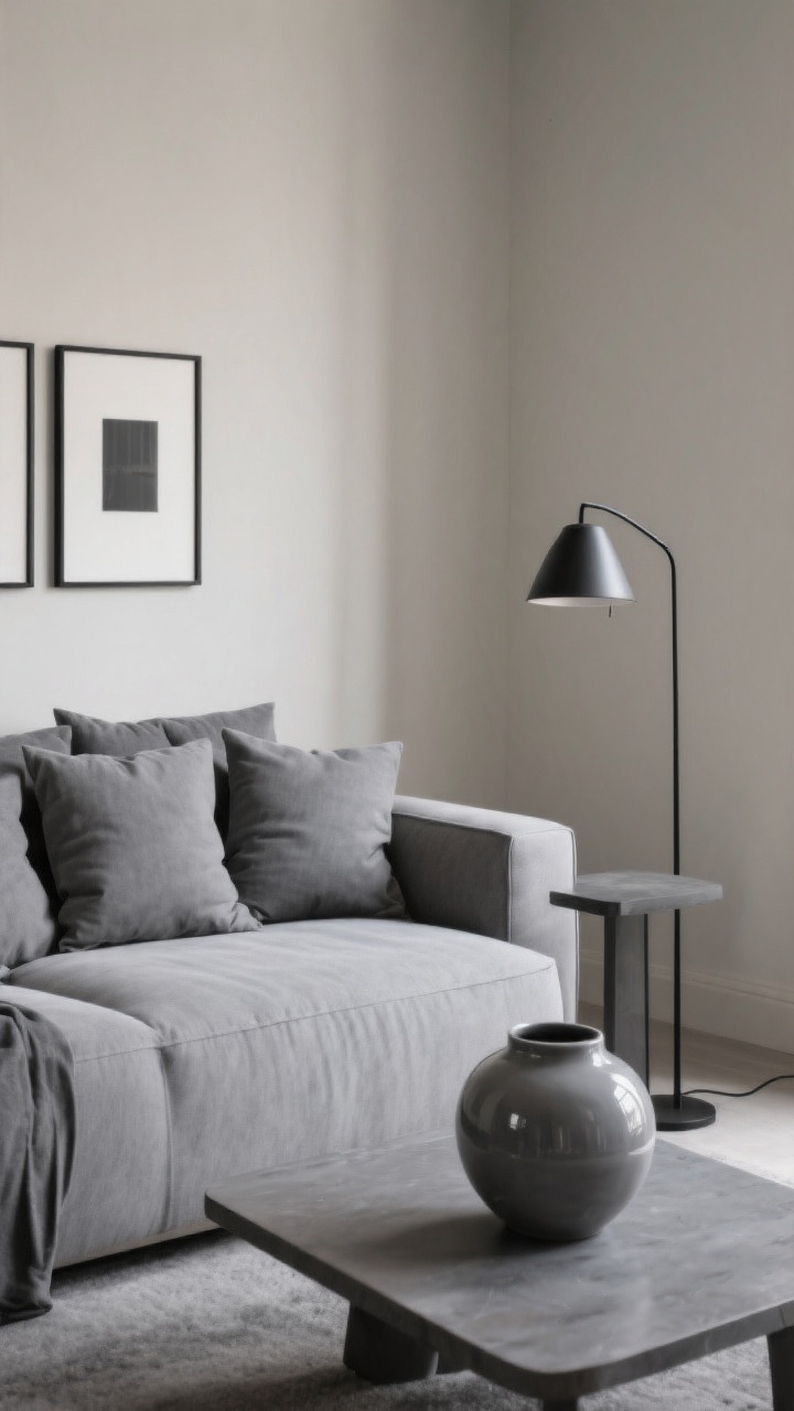 Straight-on medium shot of a monochrome living room: a grey sectional against soft greige painted walls, layered with multiple grey pillows in matte finishes contrasted by a single satin-finish lampshade on a side table. A glossy grey ceramic vase on the coffee table adds shine. Slim black floor lamp and thin black picture frames provide crisp outlines. Calm, minimal, modern mood with balanced matte-vs-shine textures, soft diffused lighting, no people.