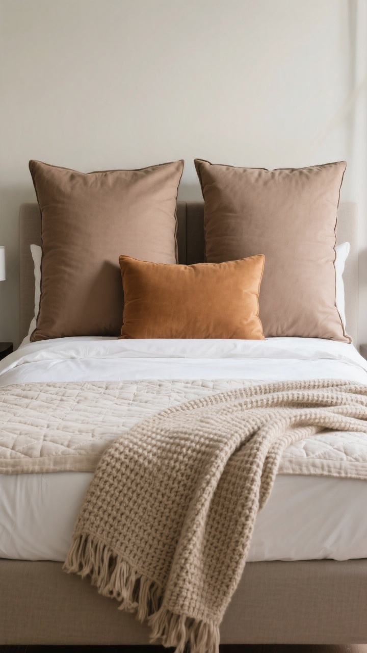 Straight-on medium shot of the bed styled like a boutique hotel: Two sleeping pillows behind two tall Euro shams in warm taupe, finished with a caramel-toned lumbar cushion; duvet folded two-thirds down with a textured waffle-knit throw at the foot; fabric mix signaled by crisp percale sheets and an airy linen quilt; subtle, minimal patterns, warm-neutral tones; a weighted knit blanket in mushroom draped neatly; soft, even daylight; no people, photorealistic.