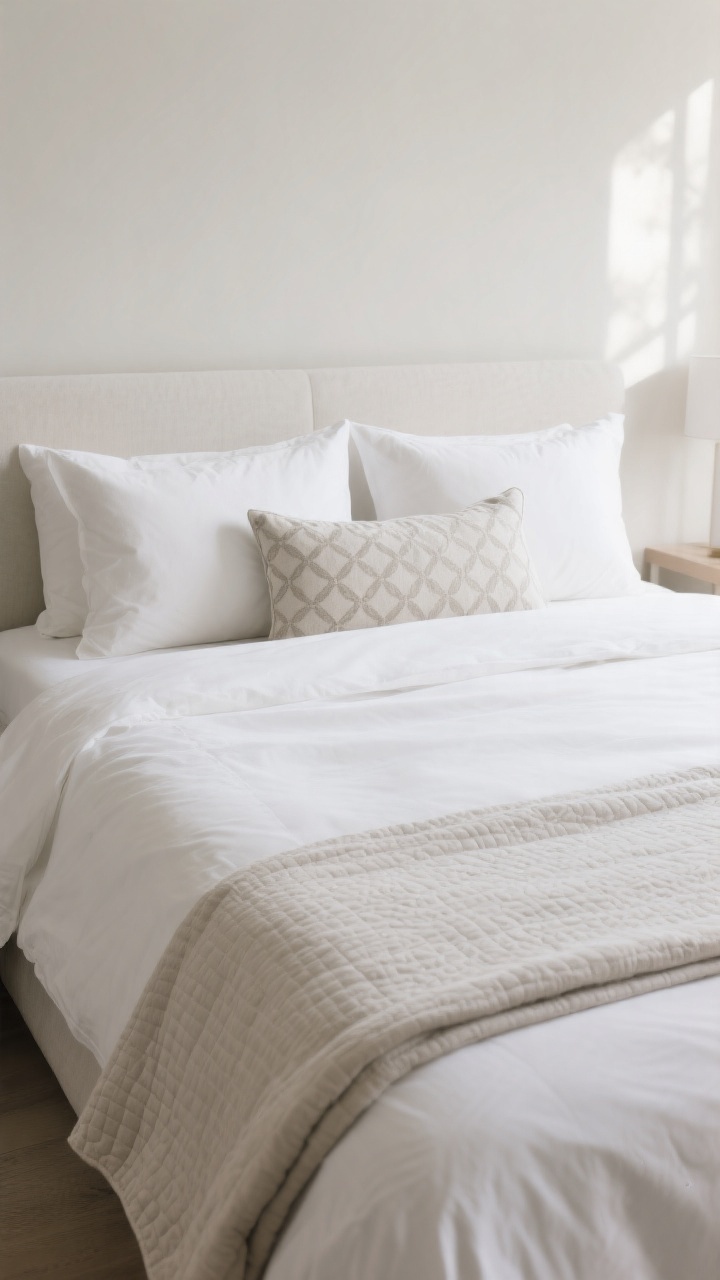 Straight-on medium shot of the bed styled like a magazine: crisp white duvet, two Euro pillows at the back, two standard pillows, and one long lumbar with a tasteful, subtle pattern as the single accent. Neutral sheets and duvet keep a tonal base in warm whites/greige. A light quilt neatly folded at the foot adds texture without bulk. Everything steamed and smooth, no lumps; serene, high-end look with soft natural light from the side.
