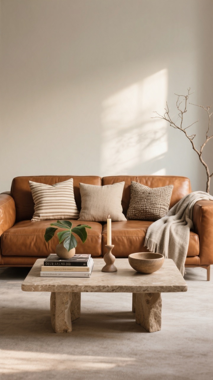 Straight-on medium shot of the sofa styled like a stylist: a cognac leather sofa with an odd-numbered pillow arrangement (three pillows in 22”, 20”, 18”)—one subtle stripe, one textured solid, one micro-pattern—plus a throw draped loosely over the arm; in front, a solid wood or stone coffee table with rule-of-thirds styling: stacked books, a leafy plant, and a sculptural object, with varied heights (candle, low ceramic bowl, taller branch); soft, warm natural light; photorealistic.