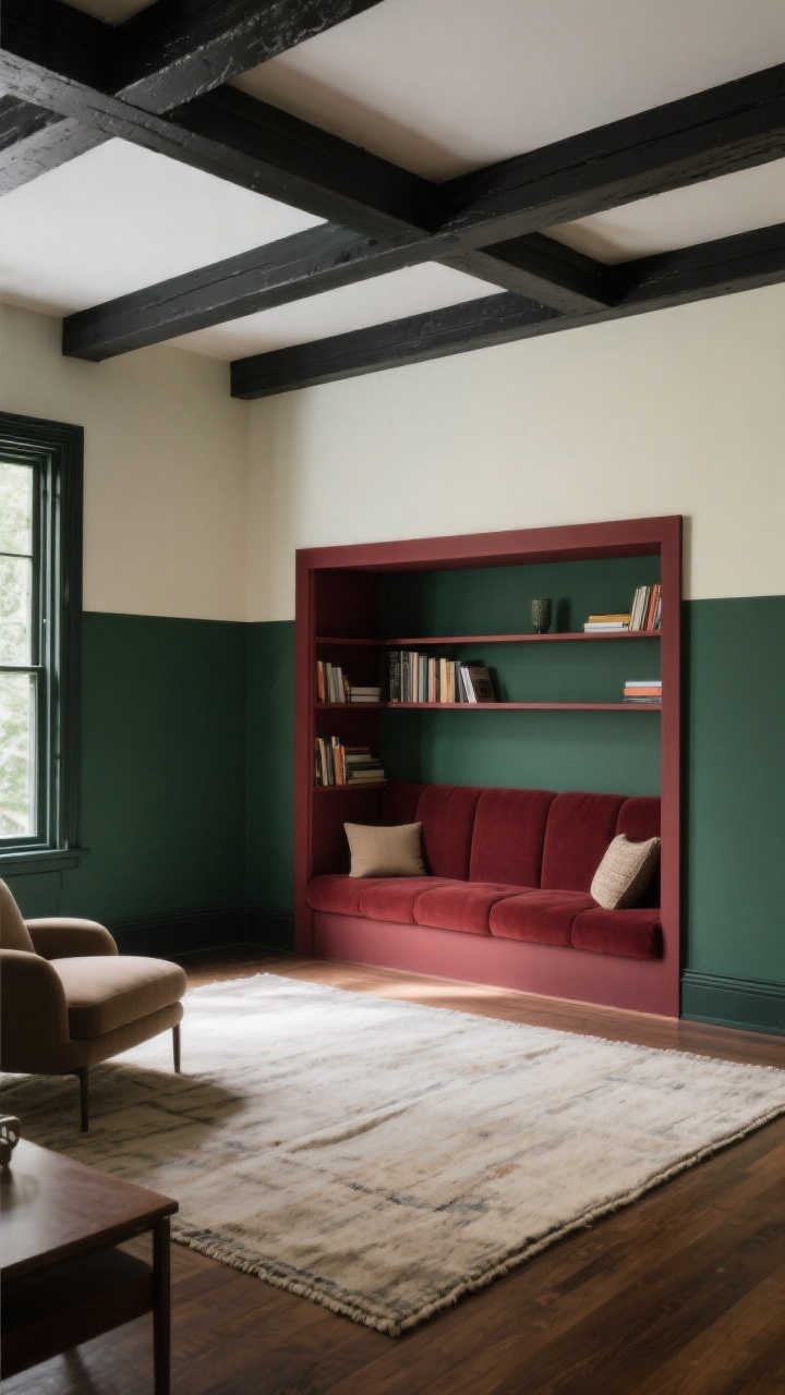 Straight-on medium shot showcasing confident color-blocking: two-tone walls with a deep moody green on the lower half and light neutral above; a fully wrapped reading nook painted in saturated oxblood, including shelving and trim, creating a cocoon effect; contrasting charcoal-painted beams highlighted to frame the architecture. Furnishings and a large rug in calm neutrals balance the bold walls. Even natural light with subtle shadows to emphasize color planes, no people, photorealistic.