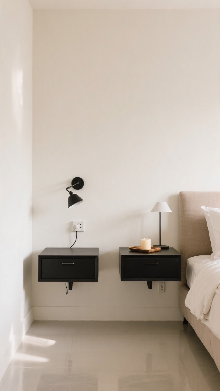 Straight-on medium shot: small bedroom wall with matching wall-mounted floating nightstands in matte black to echo hardware, paired with a neutral bed. Each nightstand has a tiny drawer. Above one, a plug-in swing-arm sconce saves surface space; on the other, a minimal setup with a small tray, a single candle, and a slim lamp. Clear floor beneath for easy vacuuming. Palette in warm whites and soft taupes, clutter-free, modern and airy lighting.